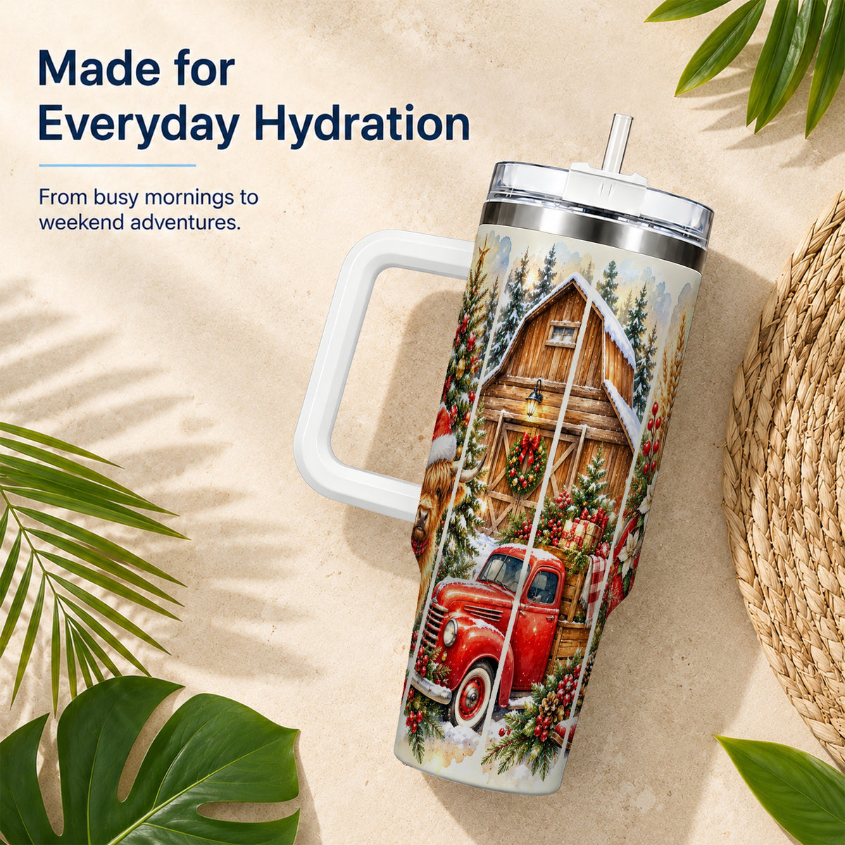Highland Cow Christmas 40oz Tumbler with Handle, Rustic Farmhouse