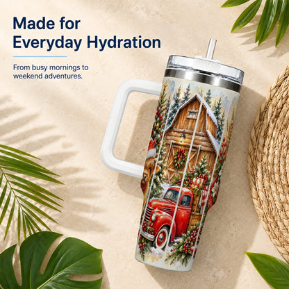 Highland Cow Christmas 40oz Tumbler with Handle, Rustic Farmhouse