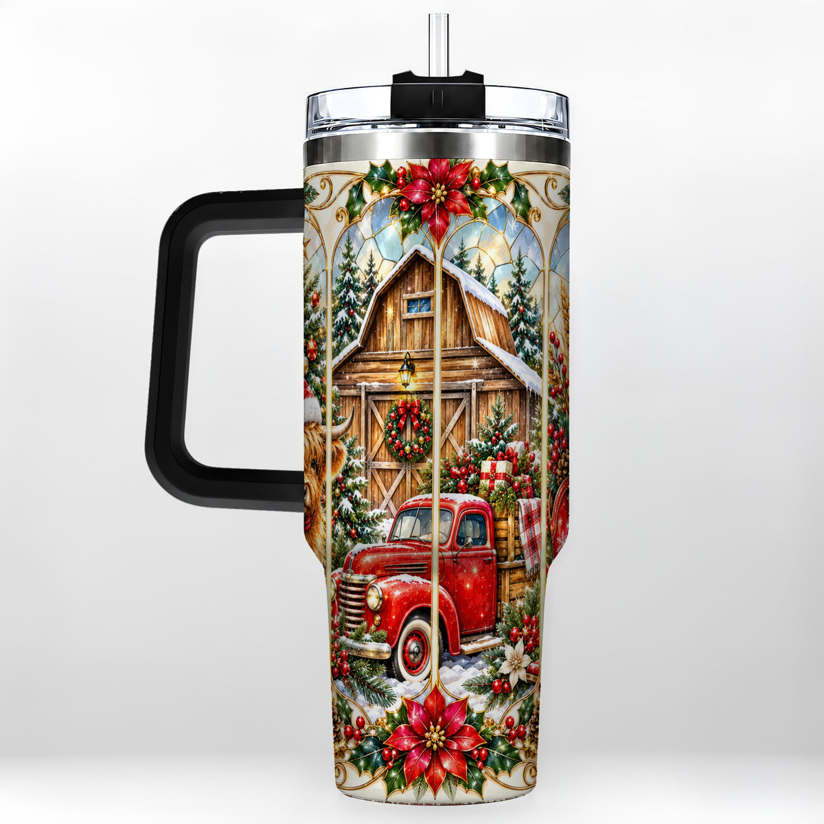 #pl[40oz|Black] Highland Cow Christmas 40oz Tumbler with Handle, Ornate Farmhouse