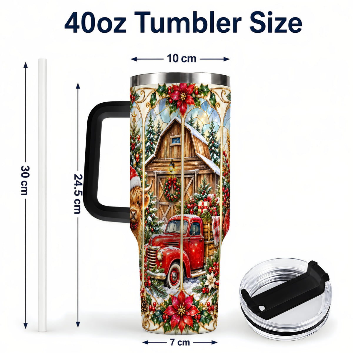 #pl[40oz|Black] Highland Cow Christmas 40oz Tumbler with Handle, Ornate Farmhouse