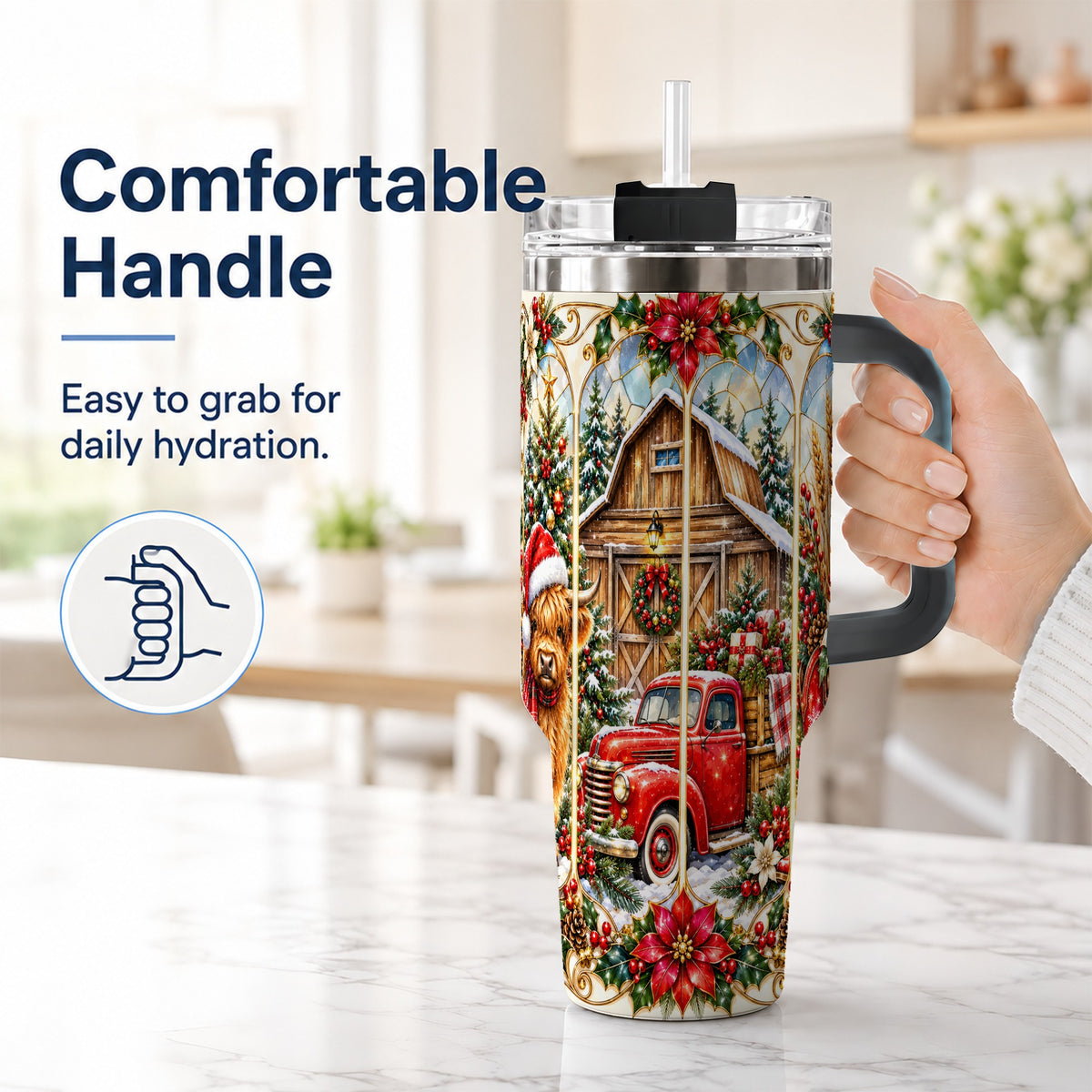 #pl[40oz|Black] Highland Cow Christmas 40oz Tumbler with Handle, Ornate Farmhouse
