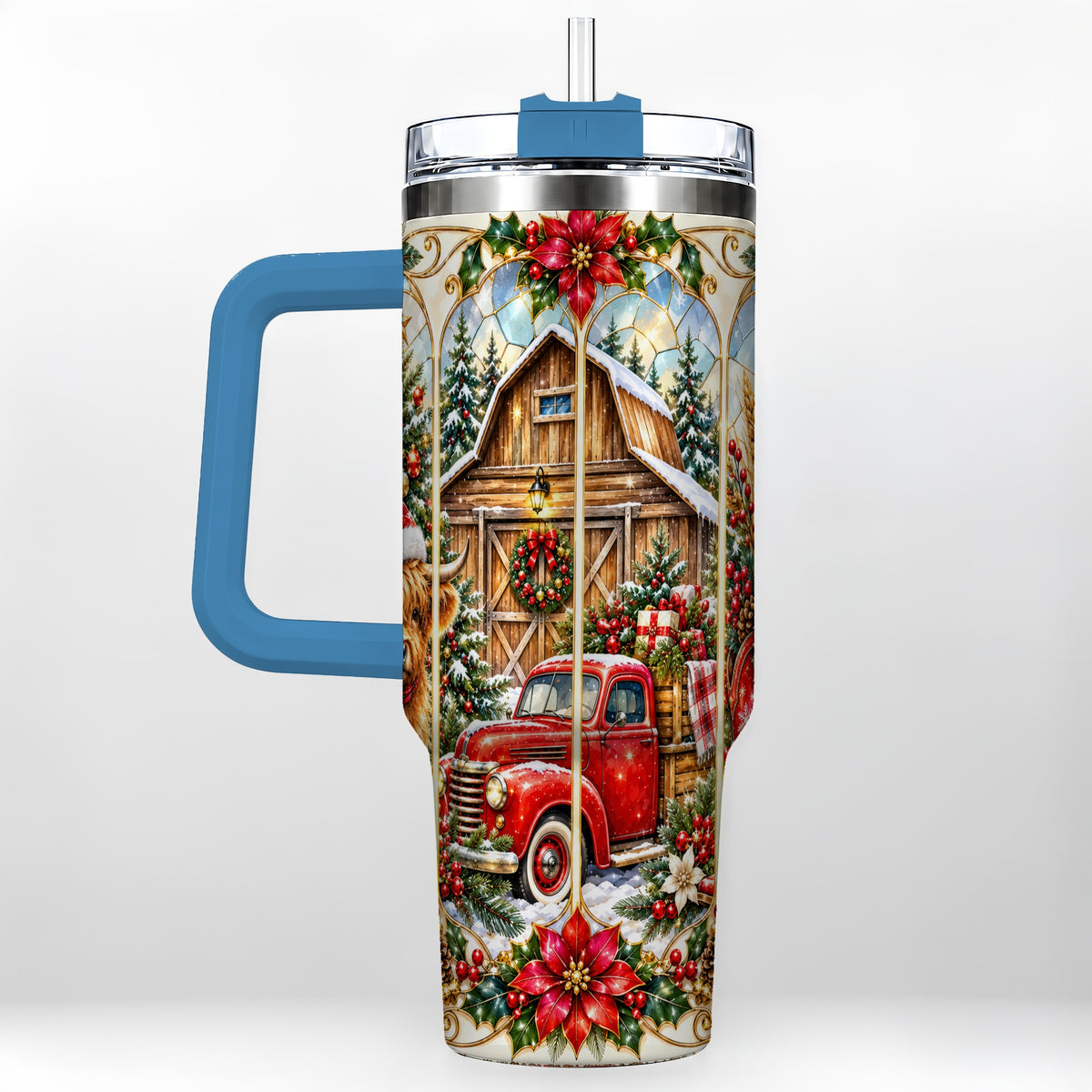 #pl[40oz|Blue] Highland Cow Christmas 40oz Tumbler with Handle, Ornate Farmhouse
