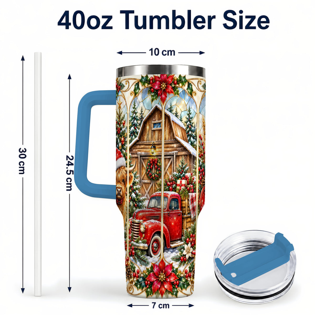 #pl[40oz|Blue] Highland Cow Christmas 40oz Tumbler with Handle, Ornate Farmhouse