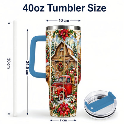 #pl[40oz|Blue] Highland Cow Christmas 40oz Tumbler with Handle, Ornate Farmhouse