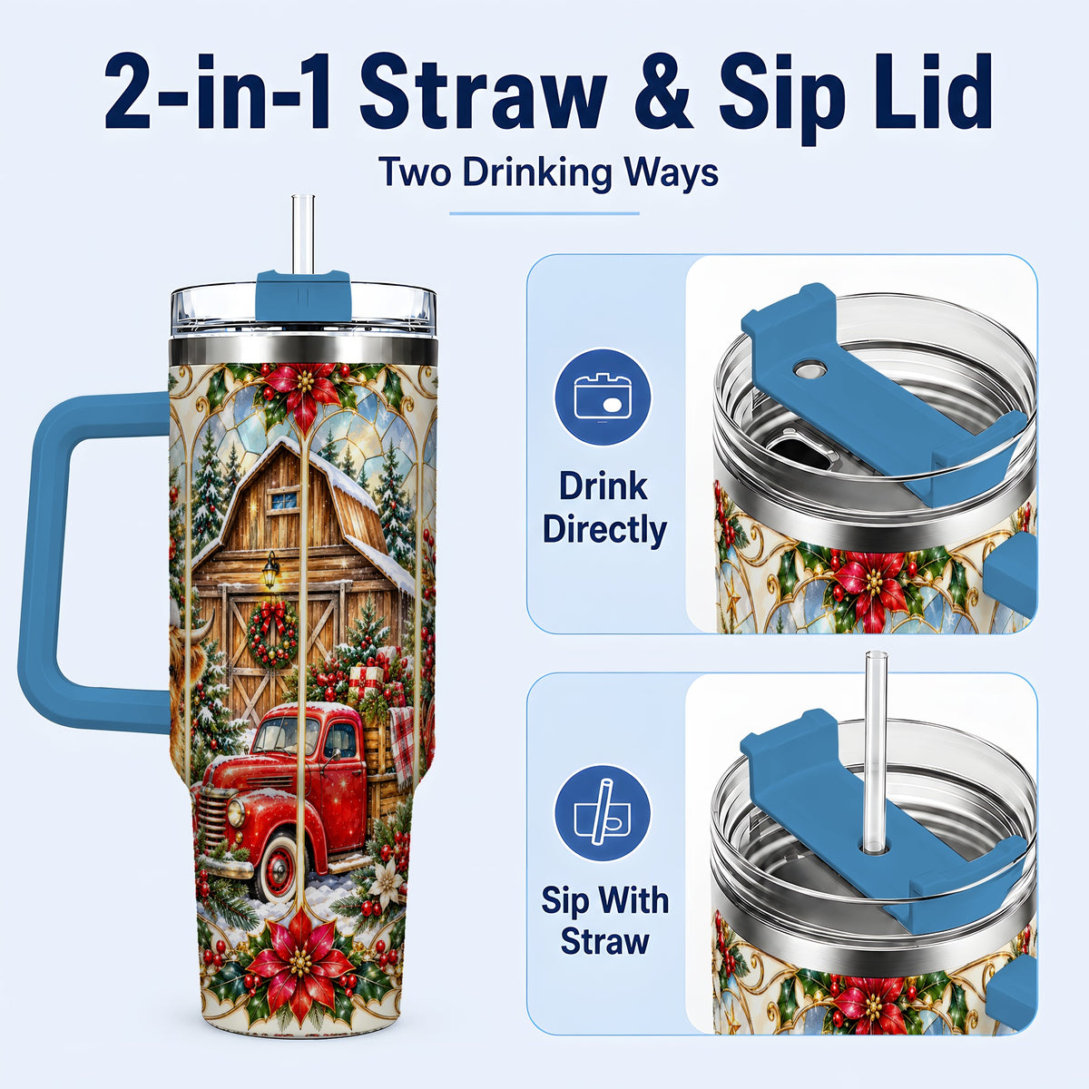 #pl[40oz|Blue] Highland Cow Christmas 40oz Tumbler with Handle, Ornate Farmhouse