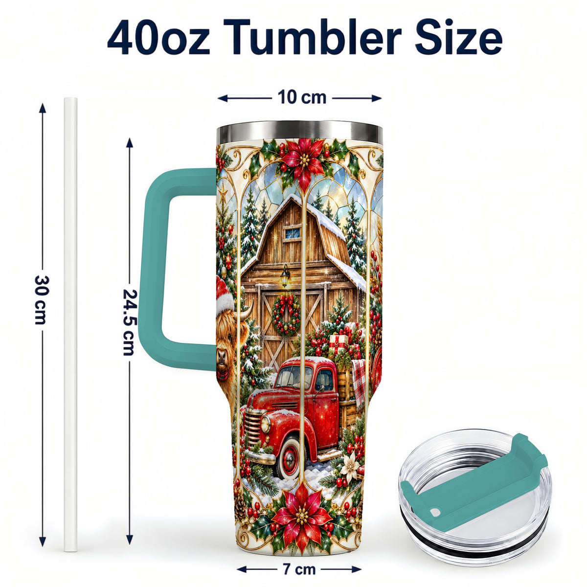#pl[40oz|Green] Highland Cow Christmas 40oz Tumbler with Handle, Ornate Farmhouse