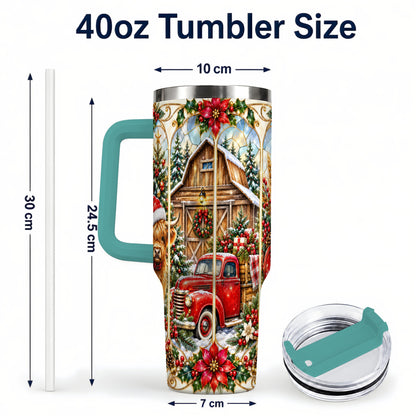 #pl[40oz|Green] Highland Cow Christmas 40oz Tumbler with Handle, Ornate Farmhouse