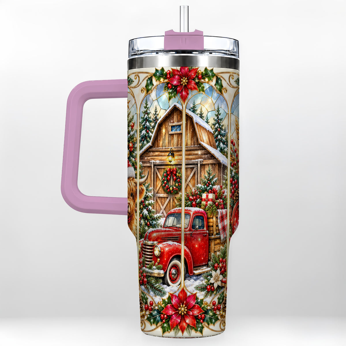 #pl[40oz|Pink] Highland Cow Christmas 40oz Tumbler with Handle, Ornate Farmhouse