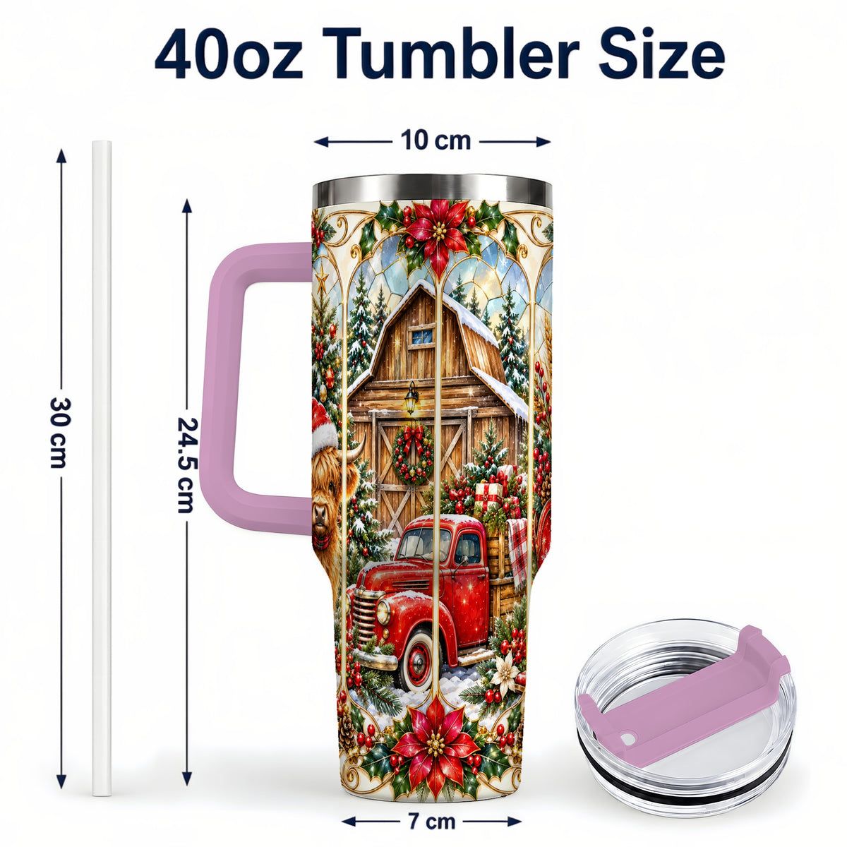 #pl[40oz|Pink] Highland Cow Christmas 40oz Tumbler with Handle, Ornate Farmhouse