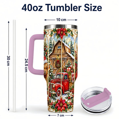 #pl[40oz|Pink] Highland Cow Christmas 40oz Tumbler with Handle, Ornate Farmhouse