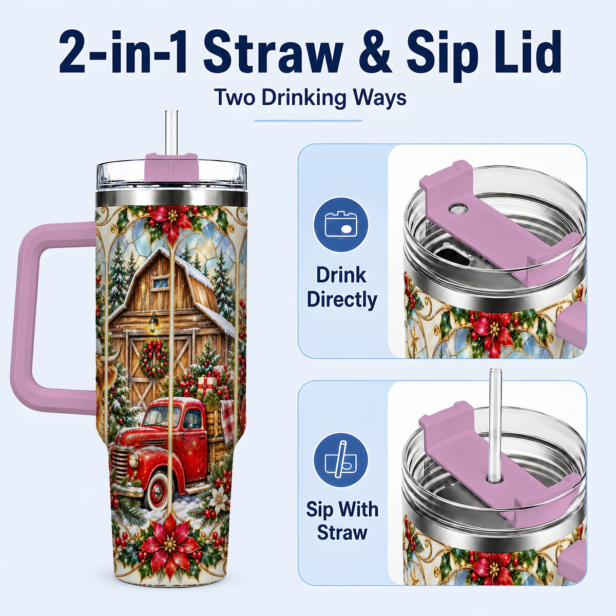 #pl[40oz|Pink] Highland Cow Christmas 40oz Tumbler with Handle, Ornate Farmhouse