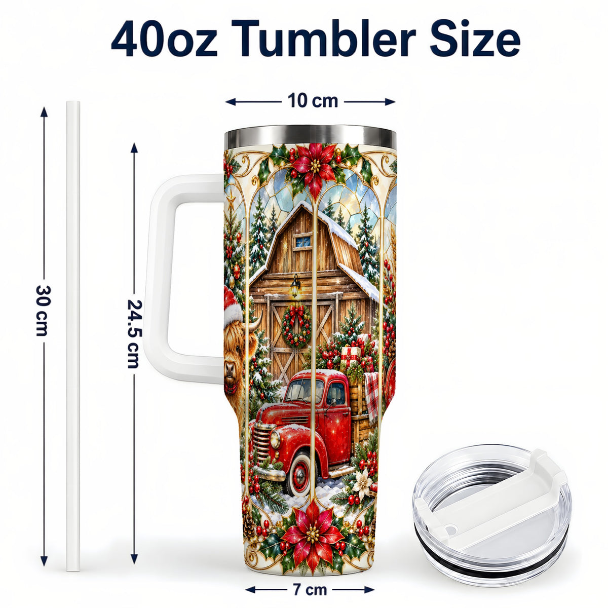 #pl[40oz|White] Highland Cow Christmas 40oz Tumbler with Handle, Ornate Farmhouse