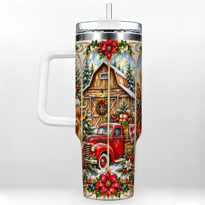 Highland Cow Christmas 40oz Tumbler with Handle, Ornate Farmhouse
