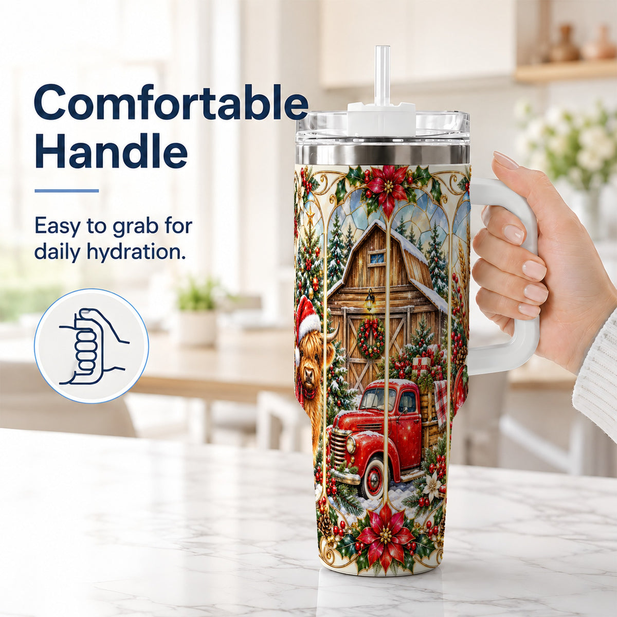 #pl[40oz|White] Highland Cow Christmas 40oz Tumbler with Handle, Ornate Farmhouse