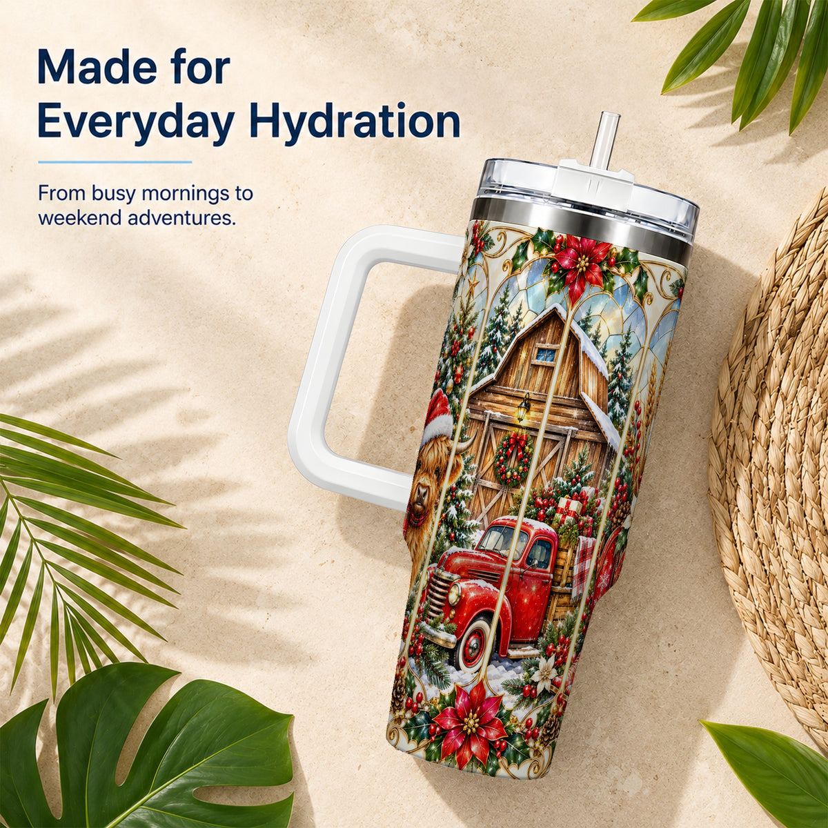 Highland Cow Christmas 40oz Tumbler with Handle, Ornate Farmhouse