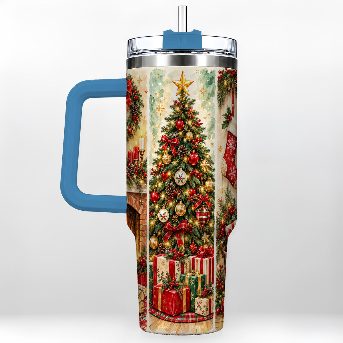 #pl[40oz|Blue] Traditional Christmas 40oz Tumbler with Handle, Festive Holiday Art
