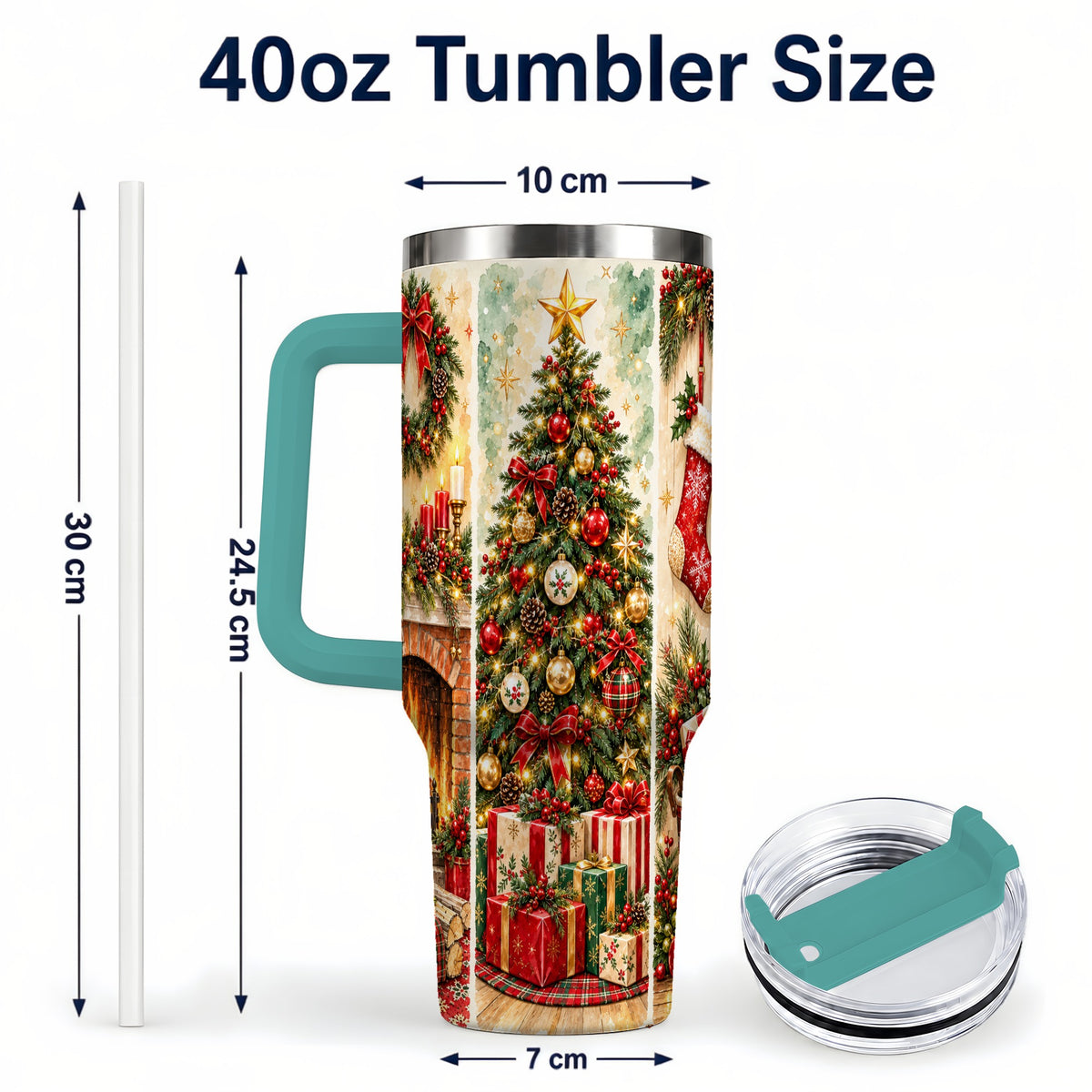 #pl[40oz|Green] Traditional Christmas 40oz Tumbler with Handle, Festive Holiday Art