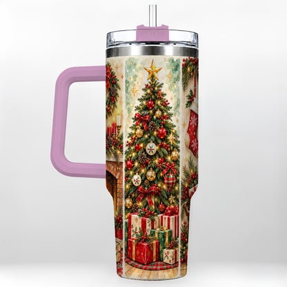 #pl[40oz|Pink] Traditional Christmas 40oz Tumbler with Handle, Festive Holiday Art