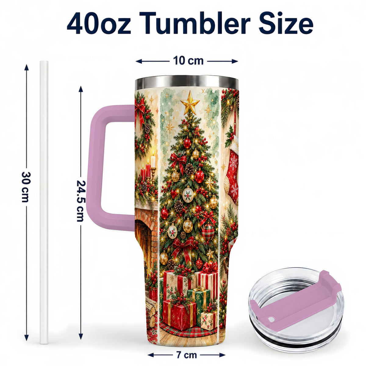 #pl[40oz|Pink] Traditional Christmas 40oz Tumbler with Handle, Festive Holiday Art