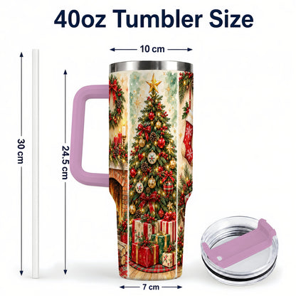 #pl[40oz|Pink] Traditional Christmas 40oz Tumbler with Handle, Festive Holiday Art