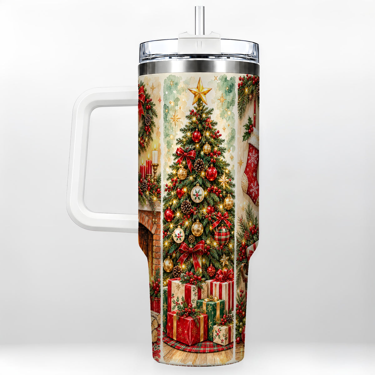 Traditional Christmas 40oz Tumbler with Handle, Festive Holiday Art