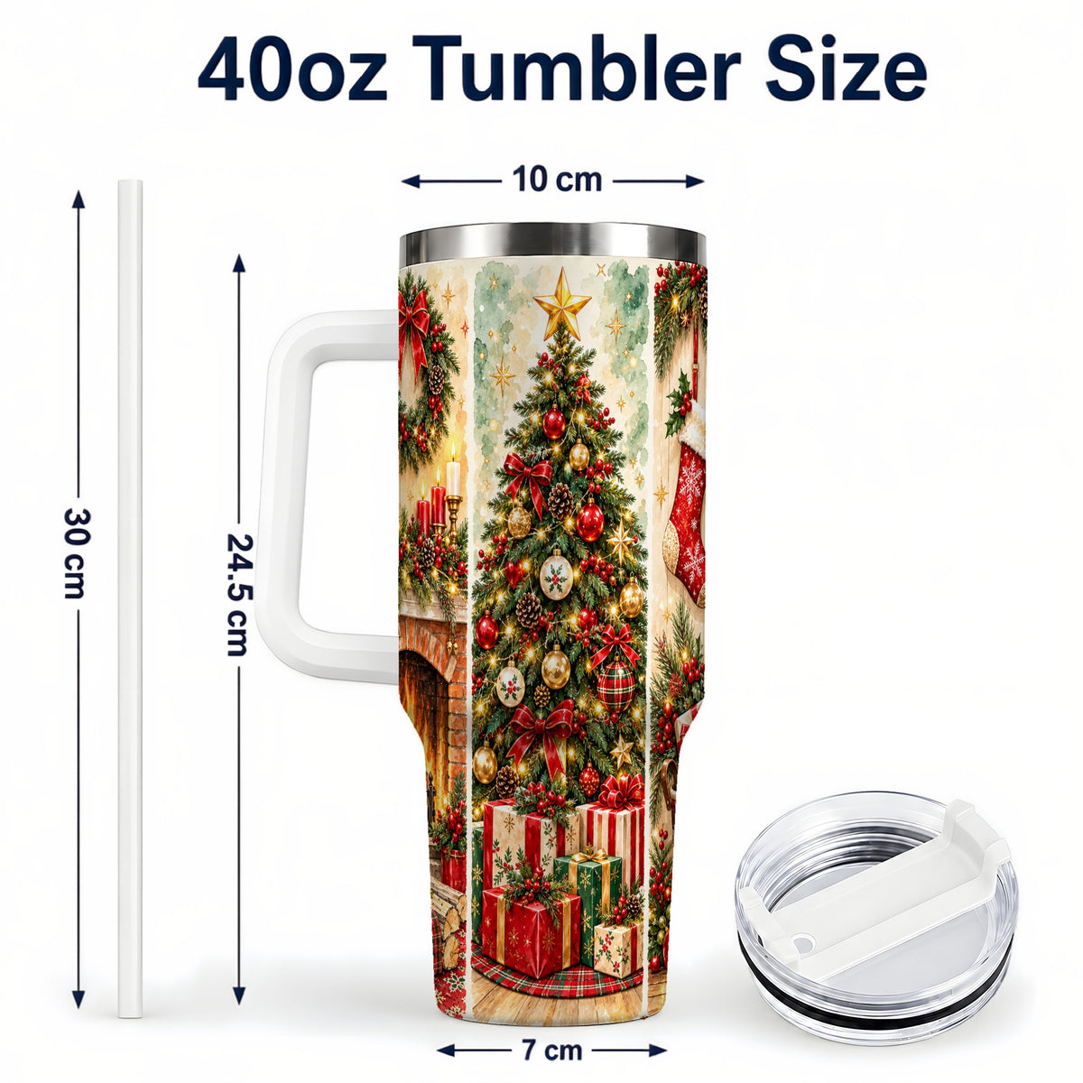 #pl[40oz|White] Traditional Christmas 40oz Tumbler with Handle, Festive Holiday Art