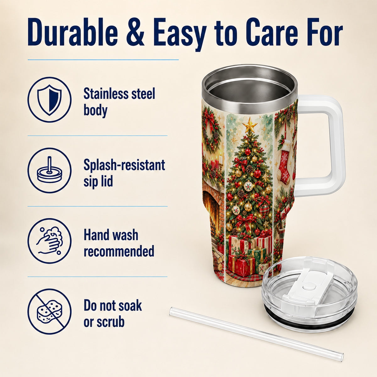 Traditional Christmas 40oz Tumbler with Handle, Festive Holiday Art