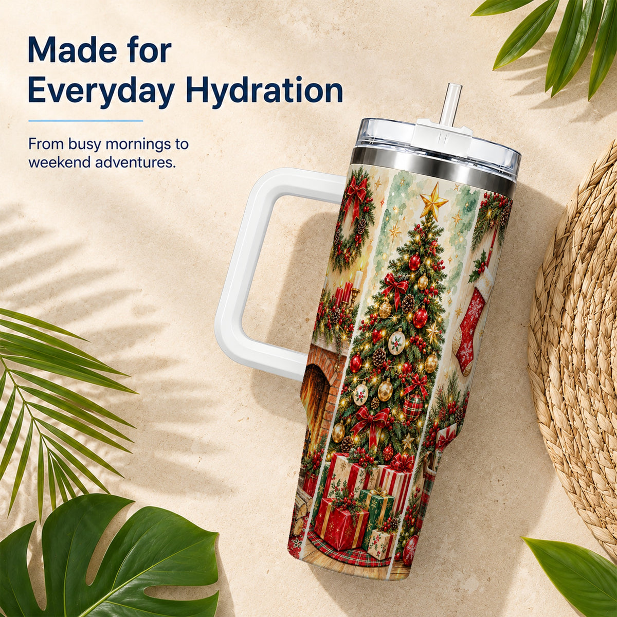 Traditional Christmas 40oz Tumbler with Handle, Festive Holiday Art
