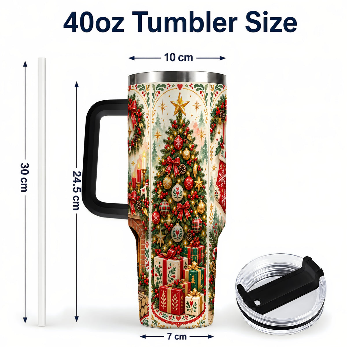 #pl[40oz|Black] Nordic Christmas 40oz Tumbler with Handle, Festive Folk Art Design