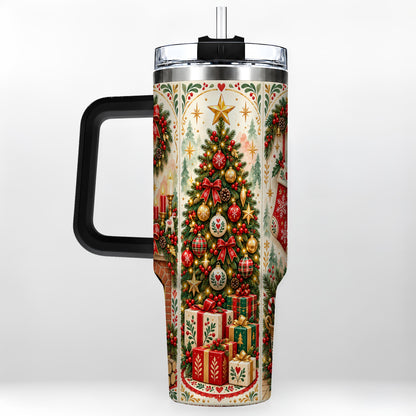 #pl[40oz|Black] Nordic Christmas 40oz Tumbler with Handle, Festive Folk Art Design