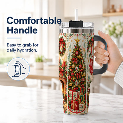 #pl[40oz|Black] Nordic Christmas 40oz Tumbler with Handle, Festive Folk Art Design