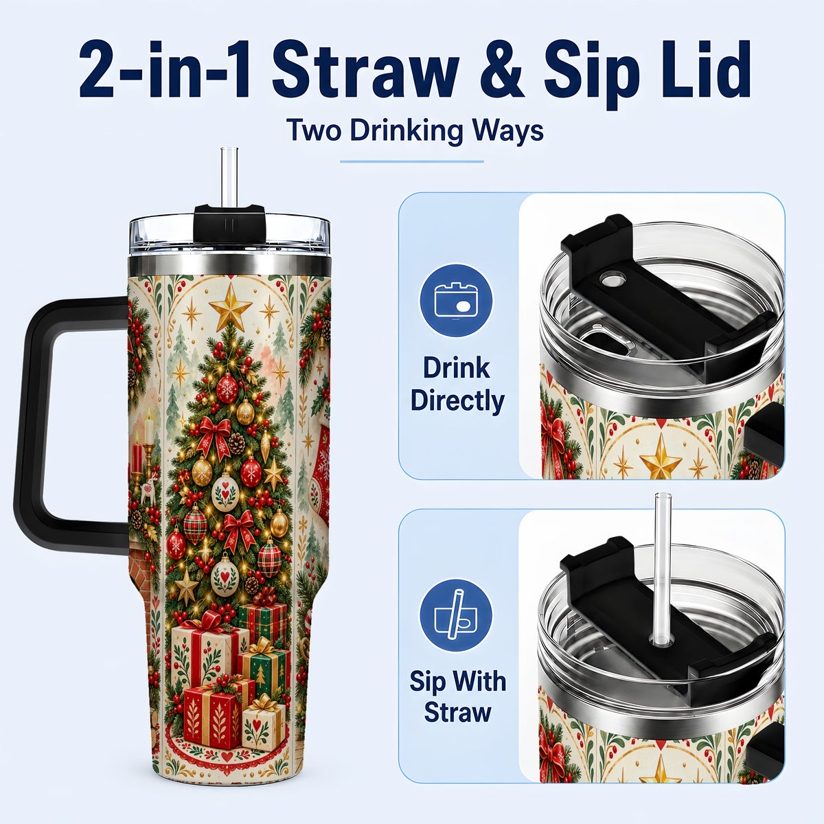 #pl[40oz|Black] Nordic Christmas 40oz Tumbler with Handle, Festive Folk Art Design