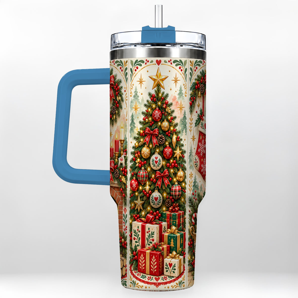 #pl[40oz|Blue] Nordic Christmas 40oz Tumbler with Handle, Festive Folk Art Design