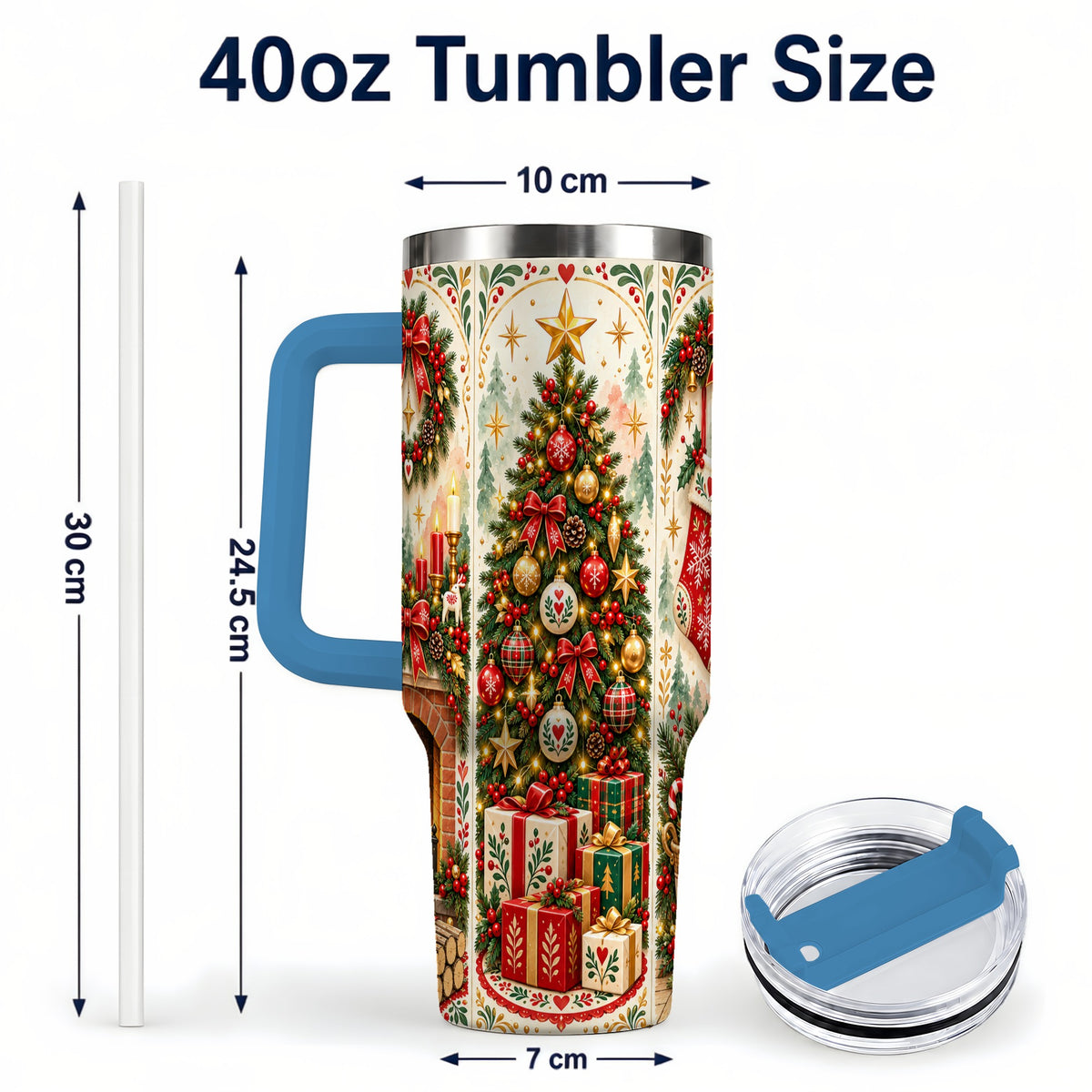 #pl[40oz|Blue] Nordic Christmas 40oz Tumbler with Handle, Festive Folk Art Design