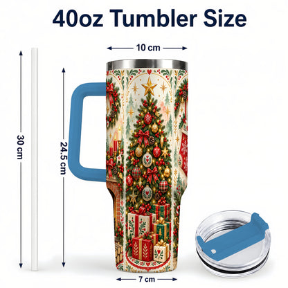 #pl[40oz|Blue] Nordic Christmas 40oz Tumbler with Handle, Festive Folk Art Design