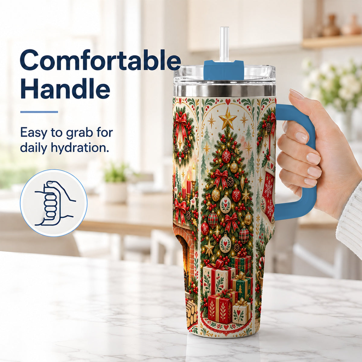 #pl[40oz|Blue] Nordic Christmas 40oz Tumbler with Handle, Festive Folk Art Design