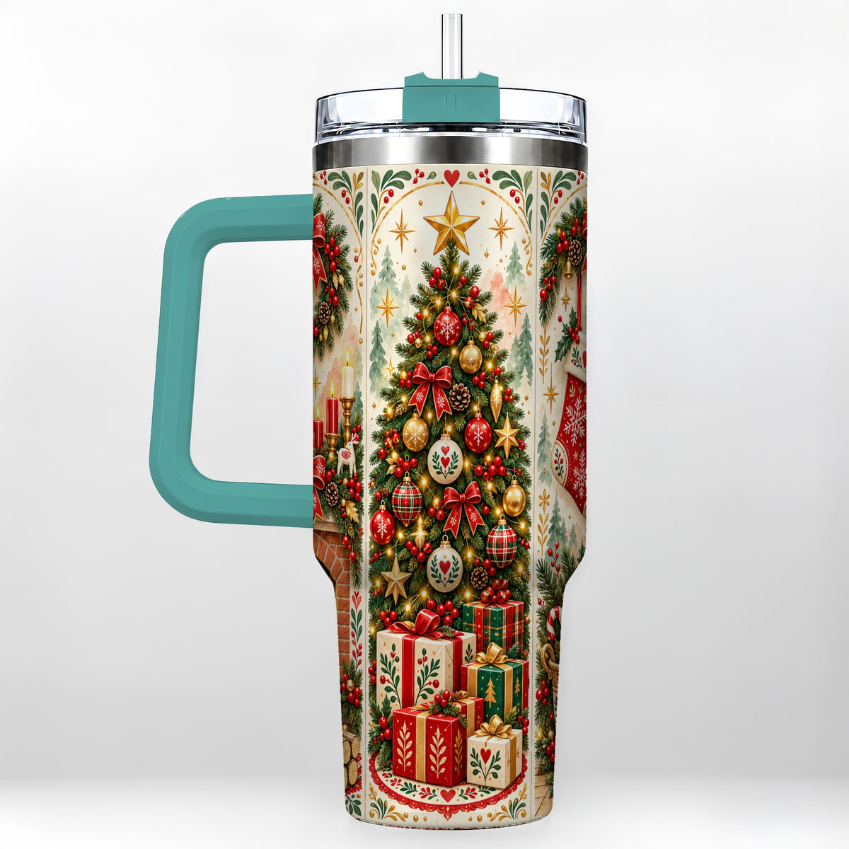 #pl[40oz|Green] Nordic Christmas 40oz Tumbler with Handle, Festive Folk Art Design