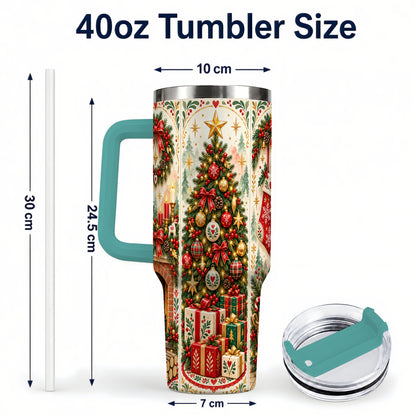 #pl[40oz|Green] Nordic Christmas 40oz Tumbler with Handle, Festive Folk Art Design