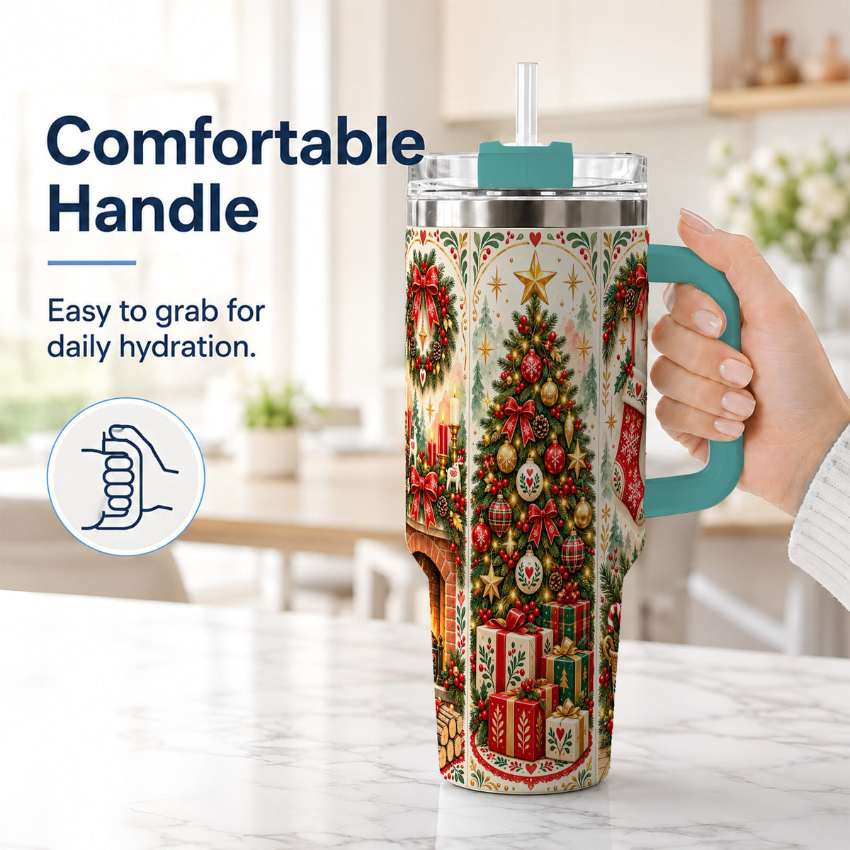#pl[40oz|Green] Nordic Christmas 40oz Tumbler with Handle, Festive Folk Art Design