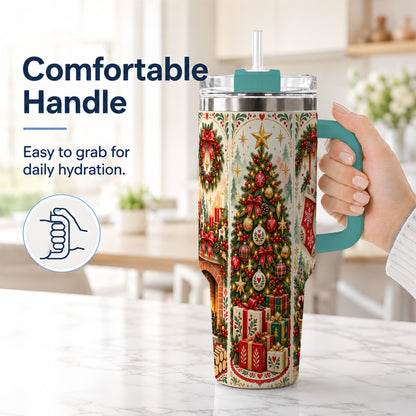 #pl[40oz|Green] Nordic Christmas 40oz Tumbler with Handle, Festive Folk Art Design