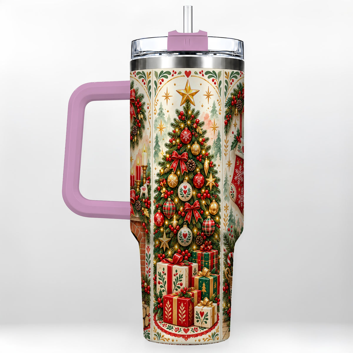 #pl[40oz|Pink] Nordic Christmas 40oz Tumbler with Handle, Festive Folk Art Design