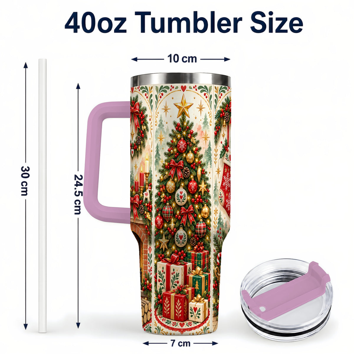 #pl[40oz|Pink] Nordic Christmas 40oz Tumbler with Handle, Festive Folk Art Design
