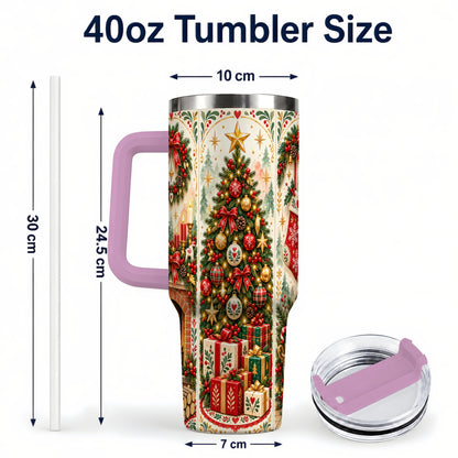 #pl[40oz|Pink] Nordic Christmas 40oz Tumbler with Handle, Festive Folk Art Design