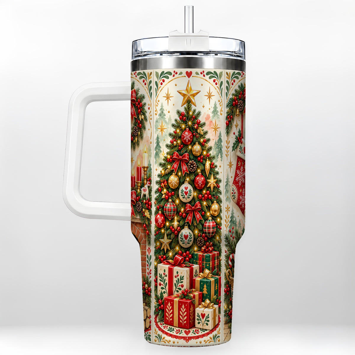Nordic Christmas 40oz Tumbler with Handle, Festive Folk Art Design