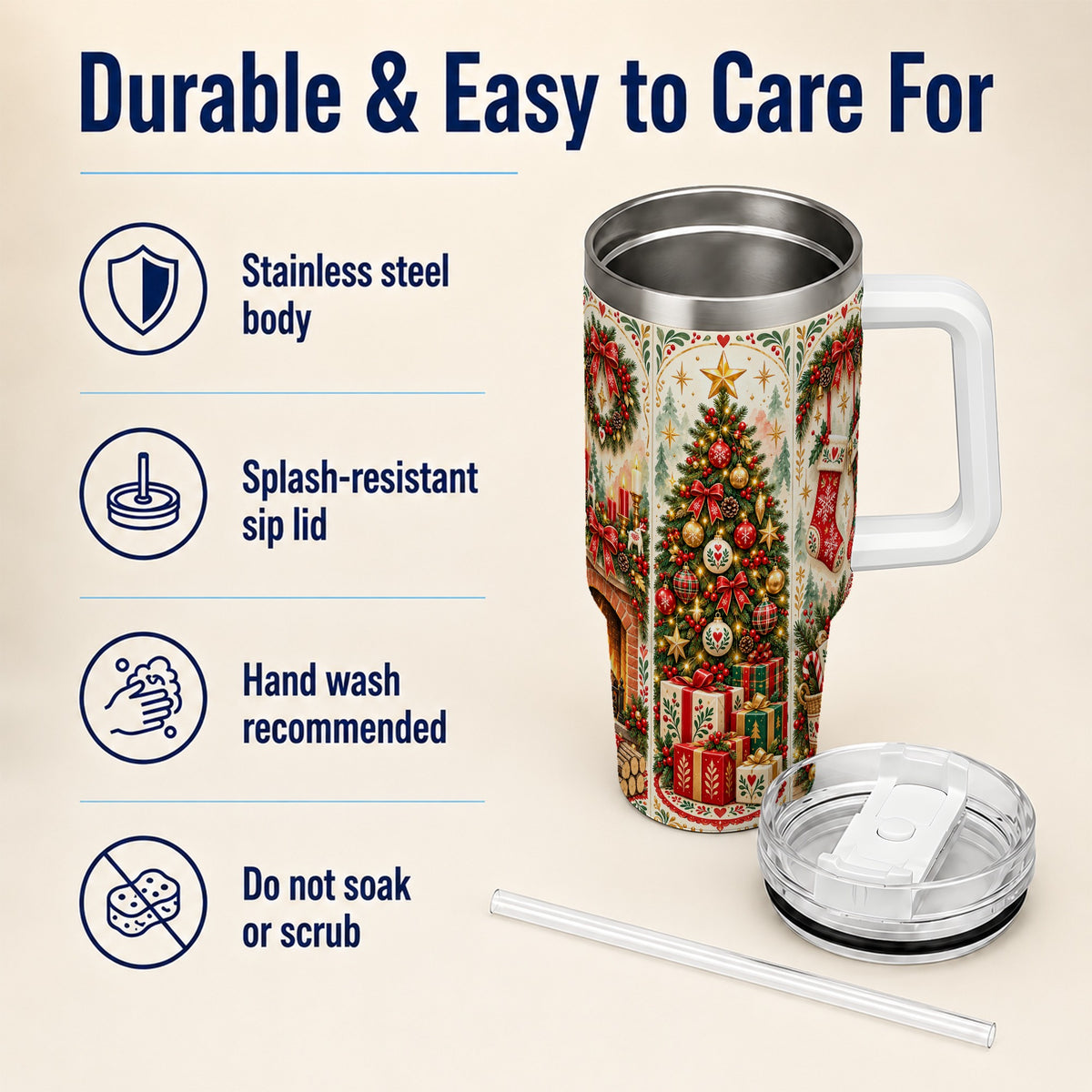 Nordic Christmas 40oz Tumbler with Handle, Festive Folk Art Design