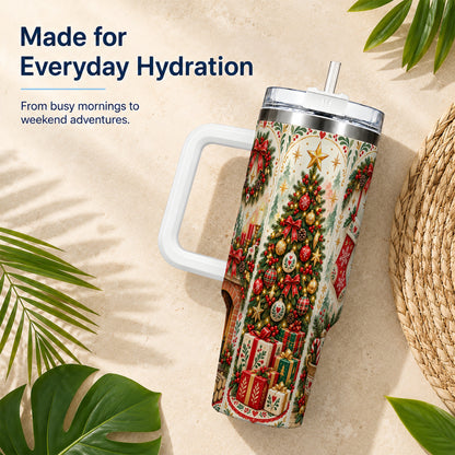 Nordic Christmas 40oz Tumbler with Handle, Festive Folk Art Design