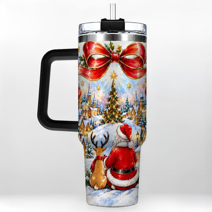 #pl[40oz|Black] Santa Reindeer 40oz Tumbler with Handle, Snowy Christmas Village