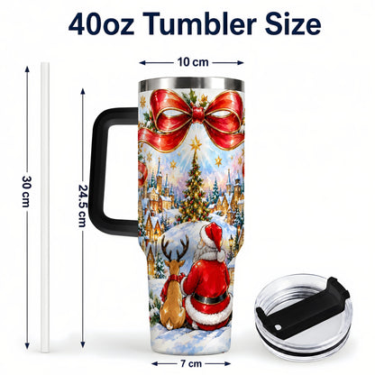 #pl[40oz|Black] Santa Reindeer 40oz Tumbler with Handle, Snowy Christmas Village