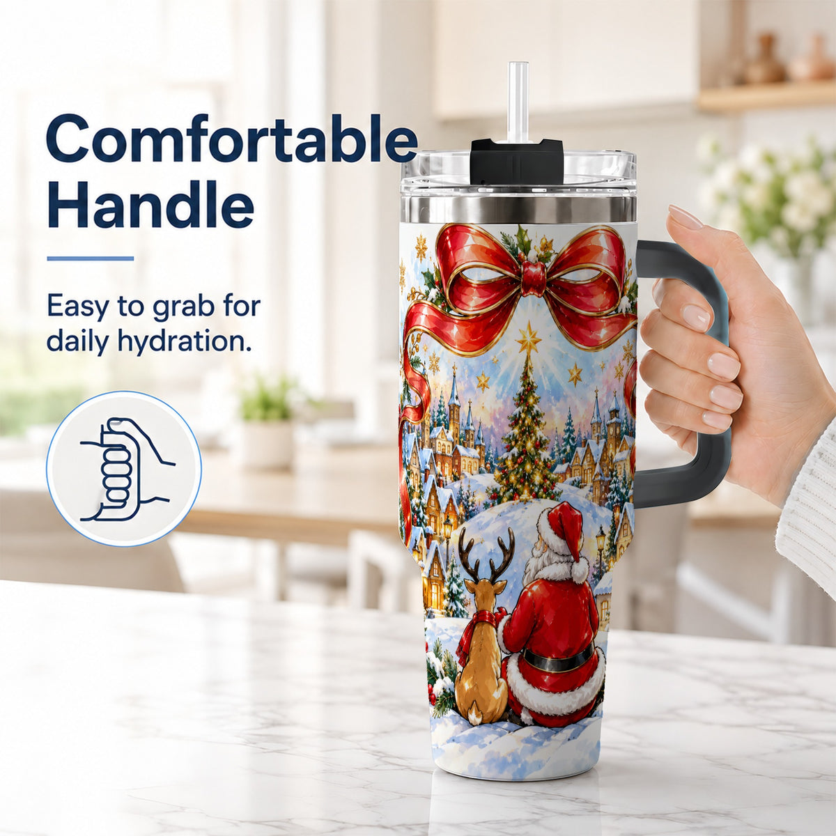 #pl[40oz|Black] Santa Reindeer 40oz Tumbler with Handle, Snowy Christmas Village