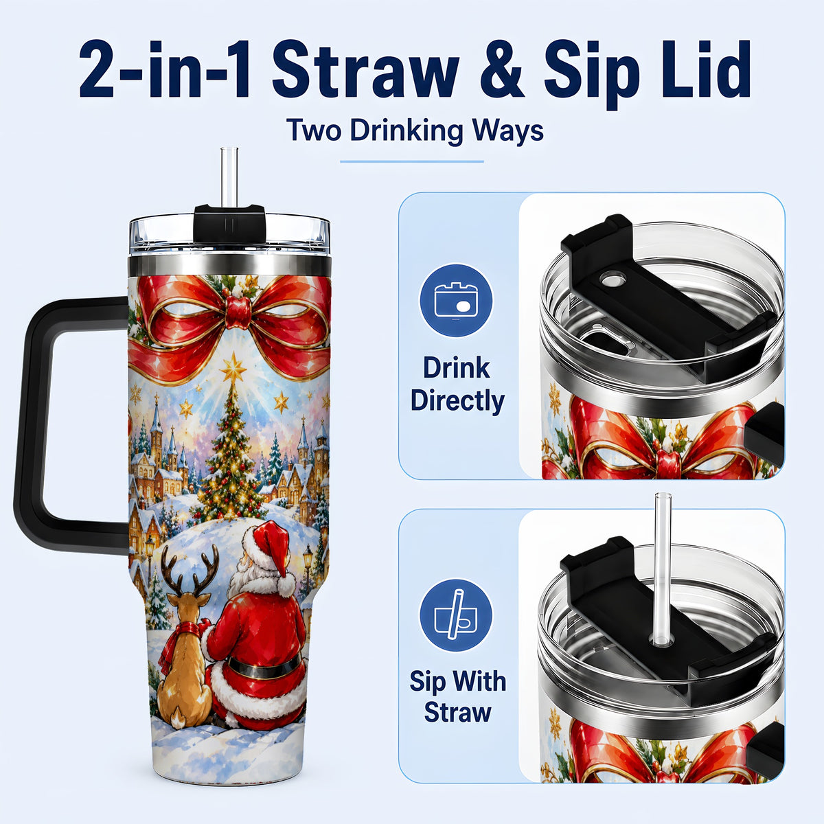 #pl[40oz|Black] Santa Reindeer 40oz Tumbler with Handle, Snowy Christmas Village